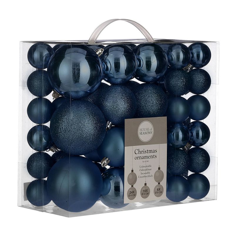 Foto van 92x stuks kunststof kerstballen donkerblauw 4, 6 en 8 cm - kerstbal