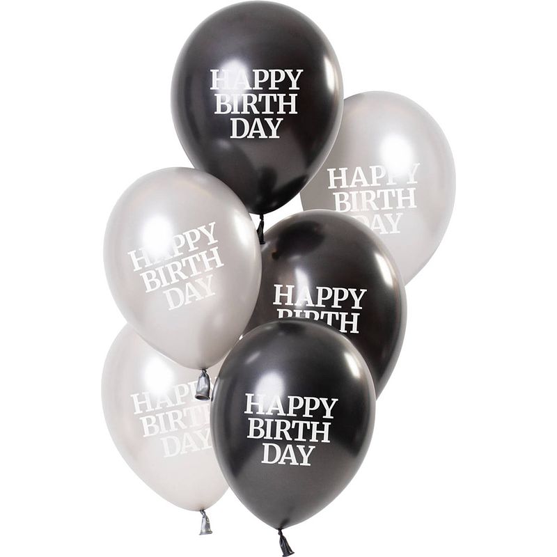 Foto van Folat ballonnen glossy happy birthday 23 cm zwart/zilver 6 stuks