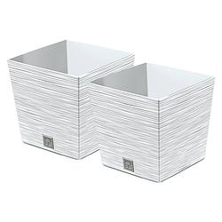 Foto van Prosperplast plantenpot/bloempot furu stripes - 2x - voor buiten - kunststof - wit - vierkant - d29.5 x h29 cm - planten