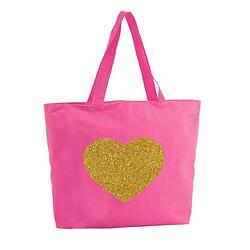 Foto van Gouden hart glitter shopper tas - fuchsia roze - 47 x 34 x 12,5 cm - boodschappentas / strandtas