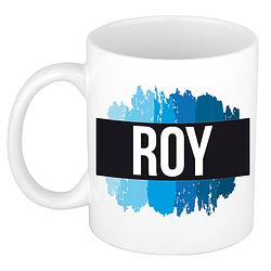 Foto van Naam cadeau mok / beker roy met blauwe verfstrepen 300 ml - naam mokken