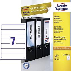 Foto van Avery-zweckform l4760-100 etiketten 38 x 192 mm papier wit 700 stuk(s) permanent hechtend ordneretiketten 100 vel din a4