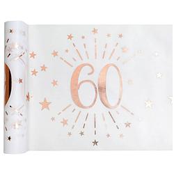 Foto van Tafelloper op rol - 60 jaar verjaardag - wit/rose goud - 30 x 500 cm - polyester - feesttafelkleden