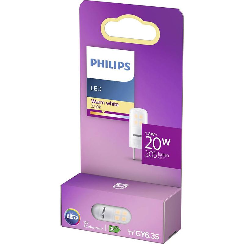 Foto van Philips lighting 76791400 led-lamp energielabel f (a - g) gy6.35 stiftfitting 1.8 w = 20 w warmwit (ø x l) 1.3 cm x 3.5 cm 1 stuk(s)