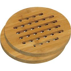 Foto van 2x ronde pannen onderzetters van bamboe 19 cm - rond - onderzetter voor pan - houten onderzetters set