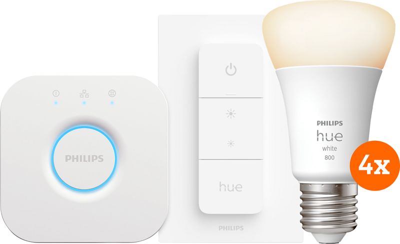 Foto van Philips hue white starter pack e27 met 4 lampen, dimmer + bridge