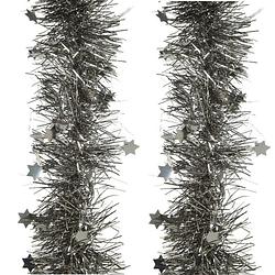 Foto van 2x stuks lametta kerstslingers met sterretjes antraciet (warm grey) 270 x 10 cm - kerstslingers