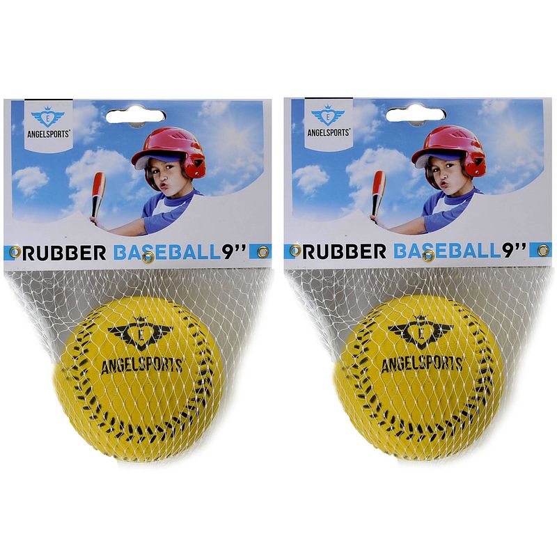 Foto van Pakket van 2x stuks rubberen speelgoed honkballen geel 9 cm - honkbalsets