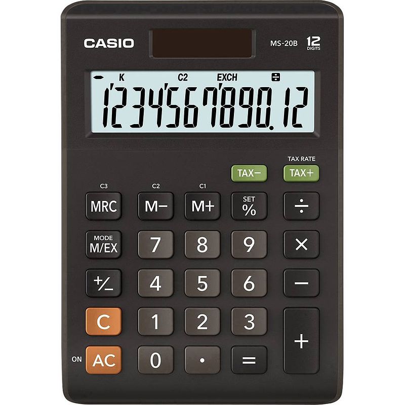 Foto van Casio ms-20b bureaurekenmachine werkt op zonne-energie, werkt op batterijen zwart aantal displayposities: 12