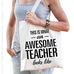 Foto van Awesome teacher / geweldige docent cadeau tas wit voor dames en heren - feest boodschappentassen