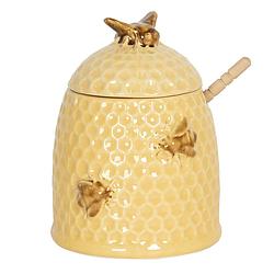 Foto van Clayre & eef honingpot met lepel ø 11x14 cm geel keramiek rond bijen voorraadpot deksel bewaarpot opbergpot geel