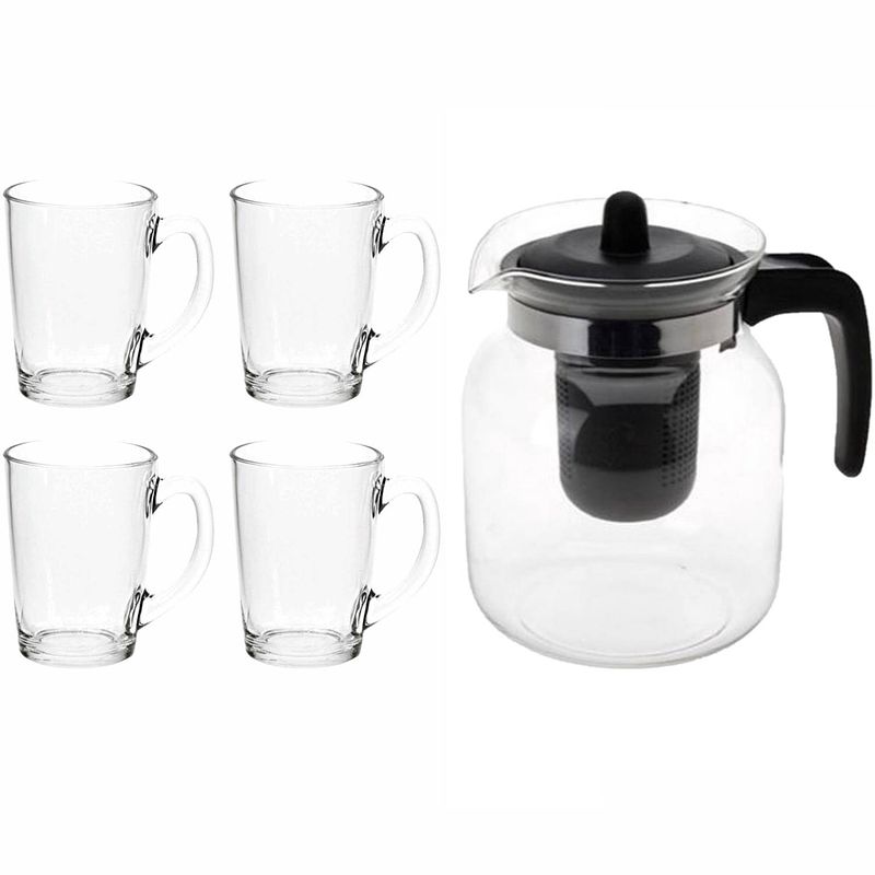 Foto van Glazen theepot zwart met filter van 1,5 liter met 10x stuks theeglazen luminarc van 320 ml - theepotten