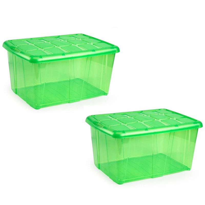 Foto van 2x opslagbakken/organizers met deksel 60 liter 63 x 46 x 32 transparant groen - organizers/opbergbakken