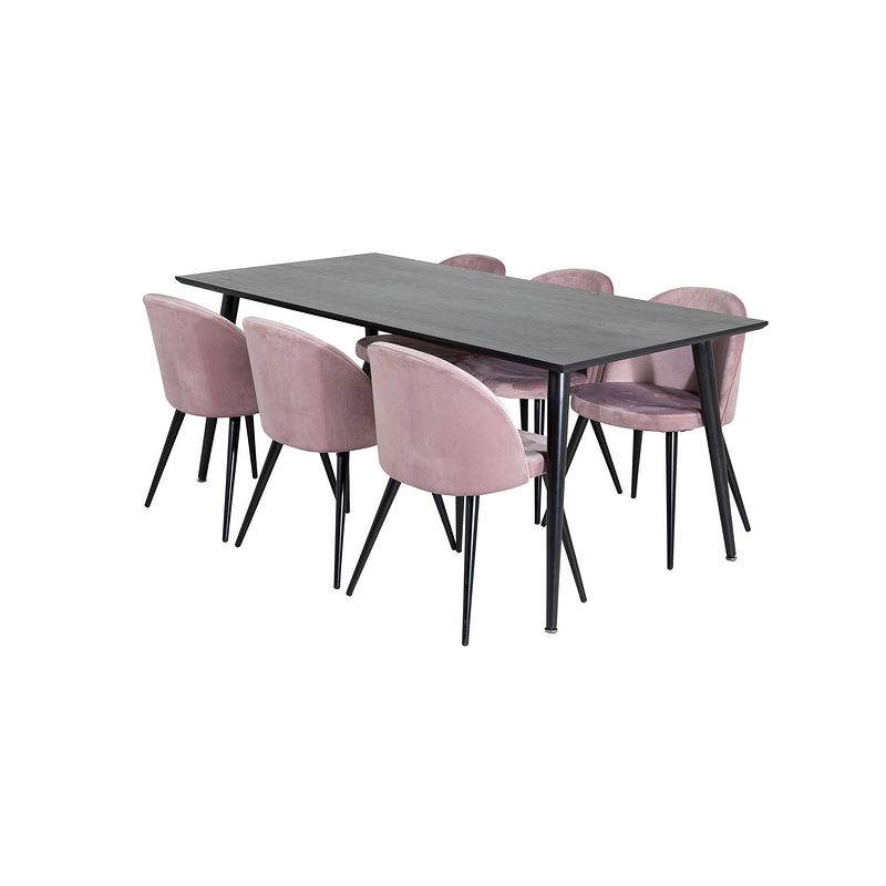 Foto van Dipp180x90blbl eethoek eetkamertafel zwart en 6 velvet eetkamerstal velours roze, zwart.