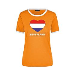 Foto van Holland ringer t-shirt oranje met witte randjes voor dames - nederland supporter kleding l - feestshirts