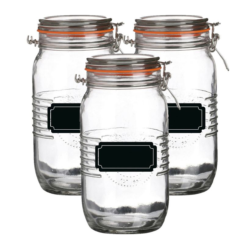 Foto van Weckpot/inmaakpot - 4x - 1.5l - glas - met beugelsluiting - incl. etiketten - weckpotten