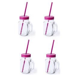 Foto van 4x stuks drink potjes van glas mason jar roze deksel 500 ml - drinkbekers