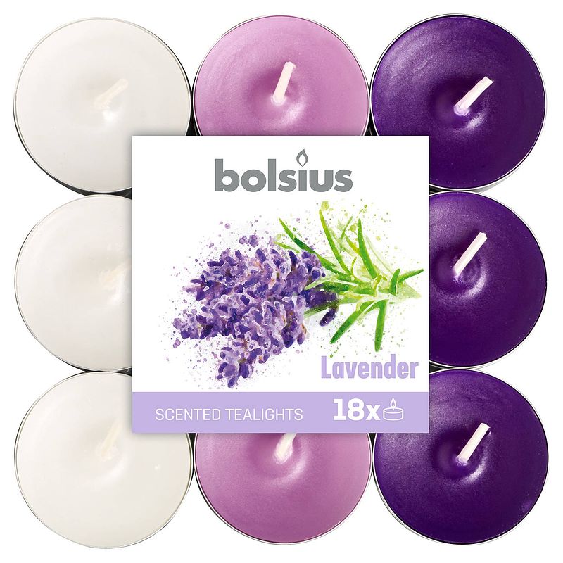 Foto van Bolsius geurkaarsen theelicht lavender paars/wit 18 stuks