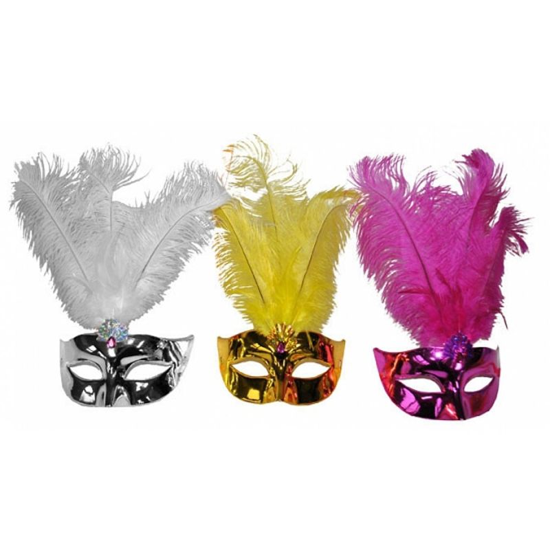 Foto van Oogmasker metallic met veren roze - verkleedmaskers