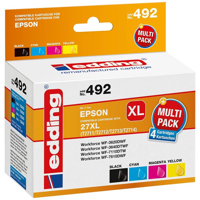 Foto van Edding cartridge vervangt epson 27xl /t2711/t2712/t2713/t2714 compatibel combipack zwart, cyaan, magenta, geel edd-492 18-492