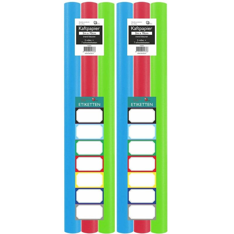 Foto van Assortiment kaftpapier voor schoolboeken - lime groen, turquoise, rood - 200 x 70 cm - 6 rollen