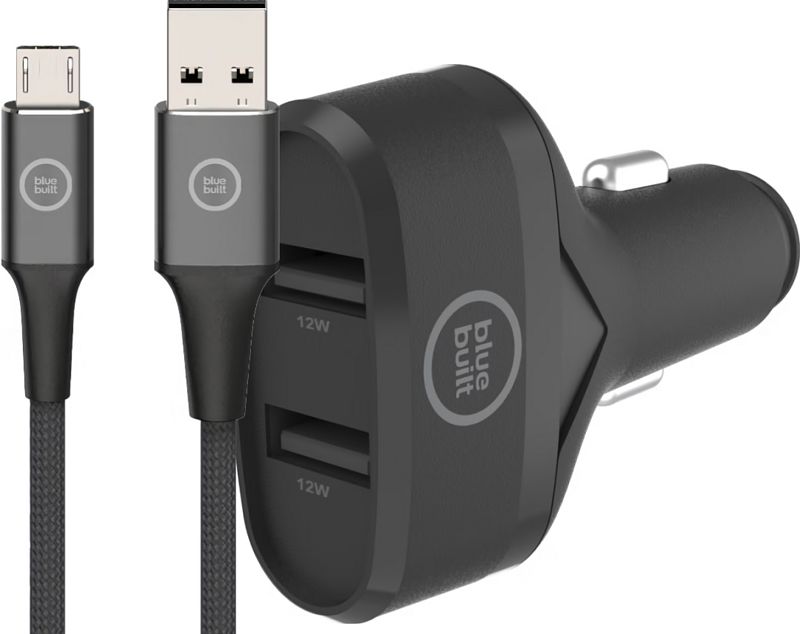 Foto van Bluebuilt autolader met 2 usb a poorten 12w + micro usb kabel 1,5m nylon zwart