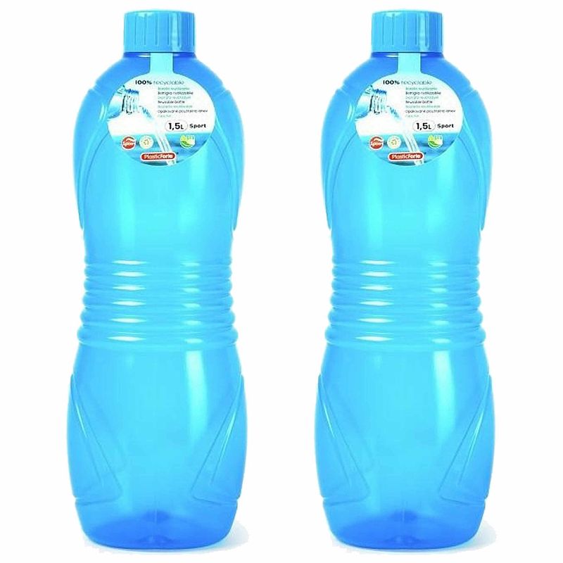 Foto van Plasticforte drinkfles/waterfles/bidon - 2x - 1500 ml - transparant/blauw - kunststof - drinkflessen