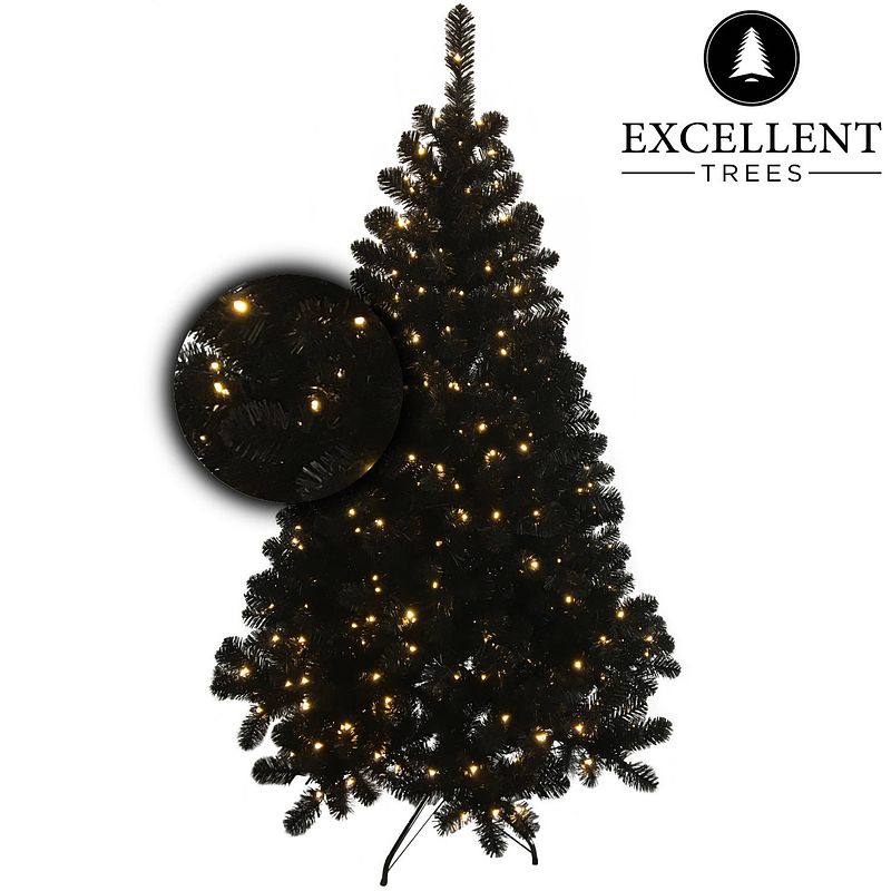Foto van Zwarte kerstboom excellent trees® led stavanger black 180 cm met verlichting - luxe uitvoering - 350 lampjes