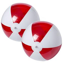 Foto van 2x stuks opblaasbare strandballen plastic rood/wit 28 cm - strandballen