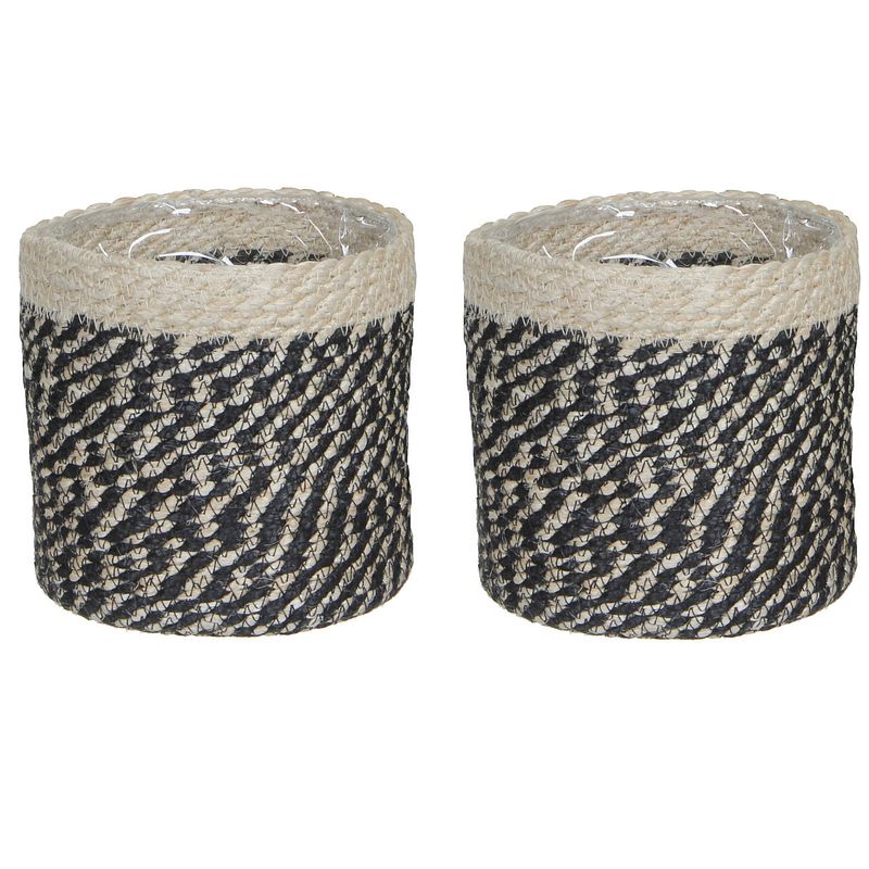 Foto van 2x stuks naturel zwart rotan planten pot mand van gedraaid jute/riet h16 en d16 cm - plantenpotten