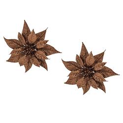 Foto van 2x stuks decoratie bloemen kerstster bruin glitter op clip 18 cm - kersthangers