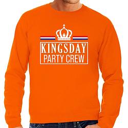 Foto van Kingsday party crew sweater oranje met witte letters voor heren - koningsdag truien m - feesttruien