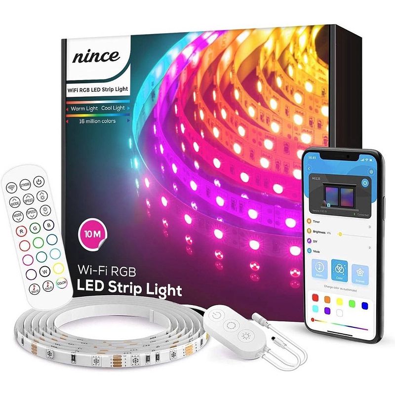 Foto van Nince smart ledstrip 10 meter (2x5) wifi - smd 5050 rgb led - led strip 2022 model - geschikt voor ios en android