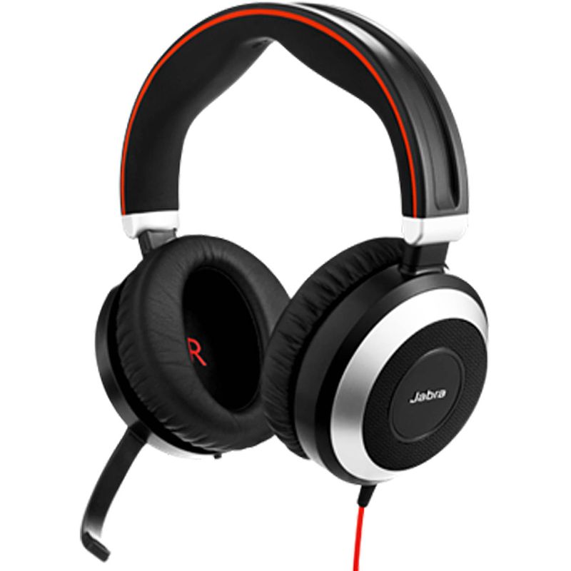 Foto van Jabra evolve 80 ms on ear headset kabel telefoon stereo zwart ruisonderdrukking (microfoon) indicator voor batterijstatus, microfoon uitschakelbaar (mute)