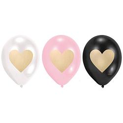 Foto van Amscan ballonnen hartjes 22,8 cm latex wit/roze/zwart 6 stuks