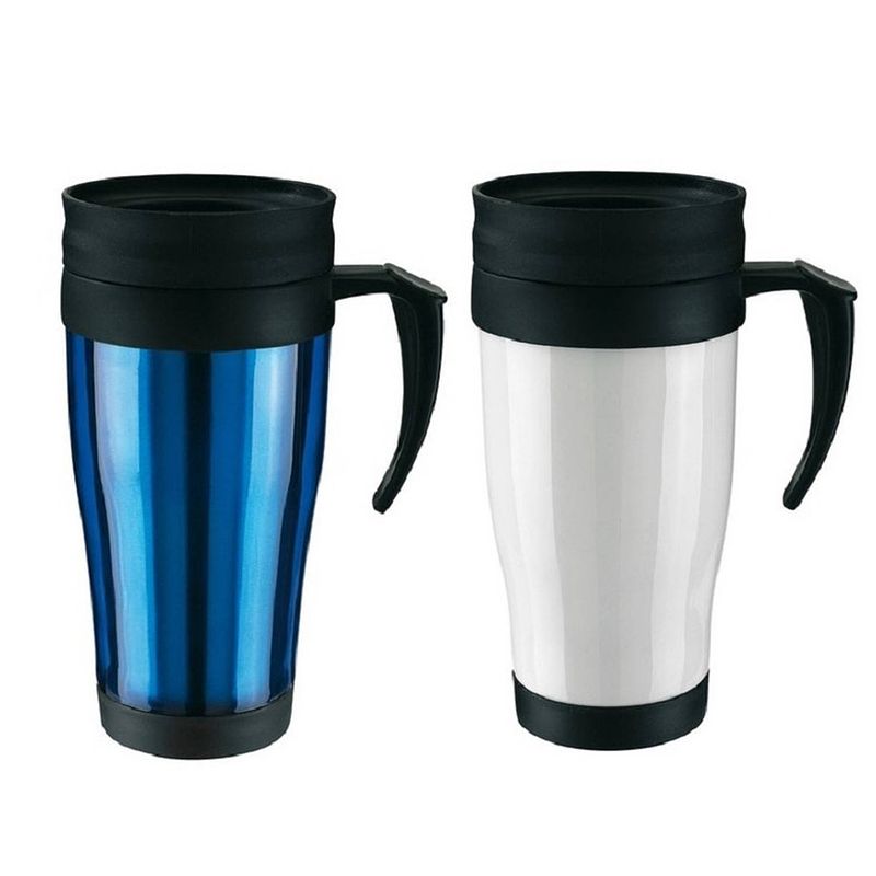 Foto van Set van 2x thermosbekers/warmhoudbekers blauw en wit 400 ml - thermosbeker