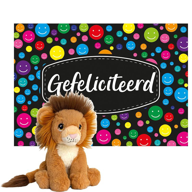 Foto van Keel toys - cadeaukaart gefeliciteerd met knuffeldier leeuw 18 cm - knuffeldier