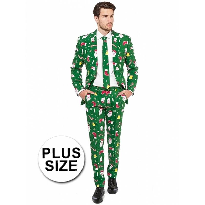 Foto van Grote maat groene business suit met kerst thema 56 (3xl) - carnavalskostuums