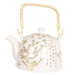 Foto van Haes deco - chinese theepot - porselein - gele bloemen en vogels - theepot 800 ml - traditioneel theeservies, theekan