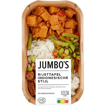 Foto van Jumbo verse maaltijd rijsttafel indonesische stijl met gele biet rendang & tempeh 450g aanbieding bij jumbo | 2 verpakkingen a 450 gram