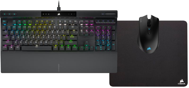 Foto van Corsair k70 rgb pro gaming toetsenbord qwerty + corsair harpoon gaming muis + muismat