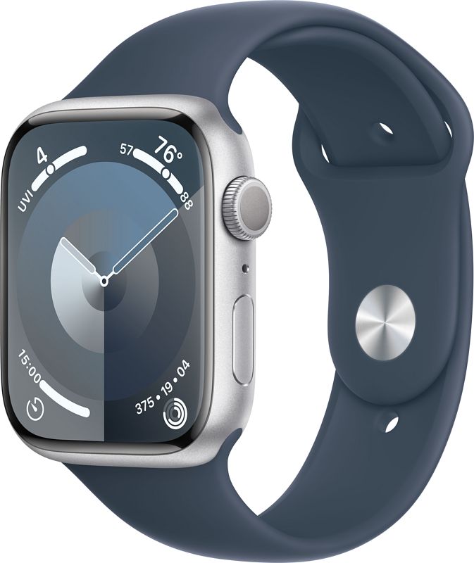 Foto van Apple watch series 9 45mm zilver aluminium sportband blauw m/l