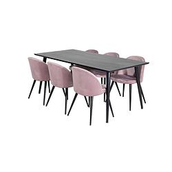 Foto van Dipp180x90blbl eethoek eetkamertafel zwart en 6 velvet eetkamerstal velours roze, zwart.