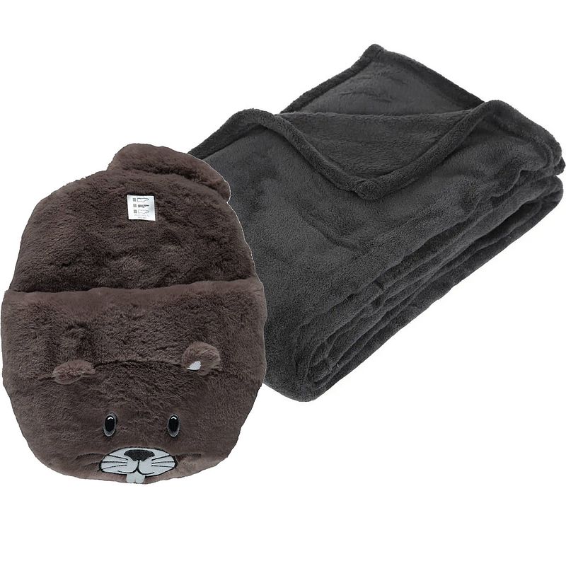 Foto van Fleece deken donkergrijs 125 x 150 cm met voetenwarmer slof bever one size - voetenwarmers