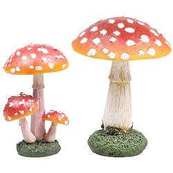 Foto van Decoratie paddenstoelen setje met 4x vliegenzwam paddenstoelen - herfst thema - tuinbeelden