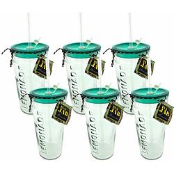 Foto van Gusta drinkglas met rietje en deksel - 550ml - groen - 6 stuks