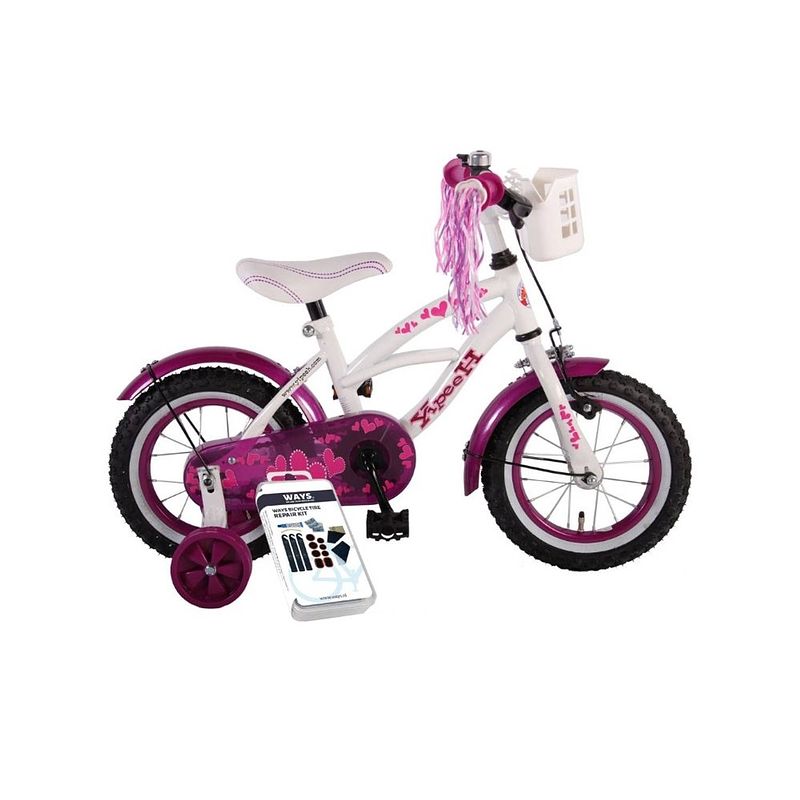 Foto van Volare kinderfiets heart cruiser - 12 inch - wit/paars - inclusief ways bandenplakset