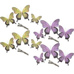 Foto van Othmar decorations decoratie vlinders op clip 12x stuks - geel/paars - 12/16/20 cm - hobbydecoratieobject