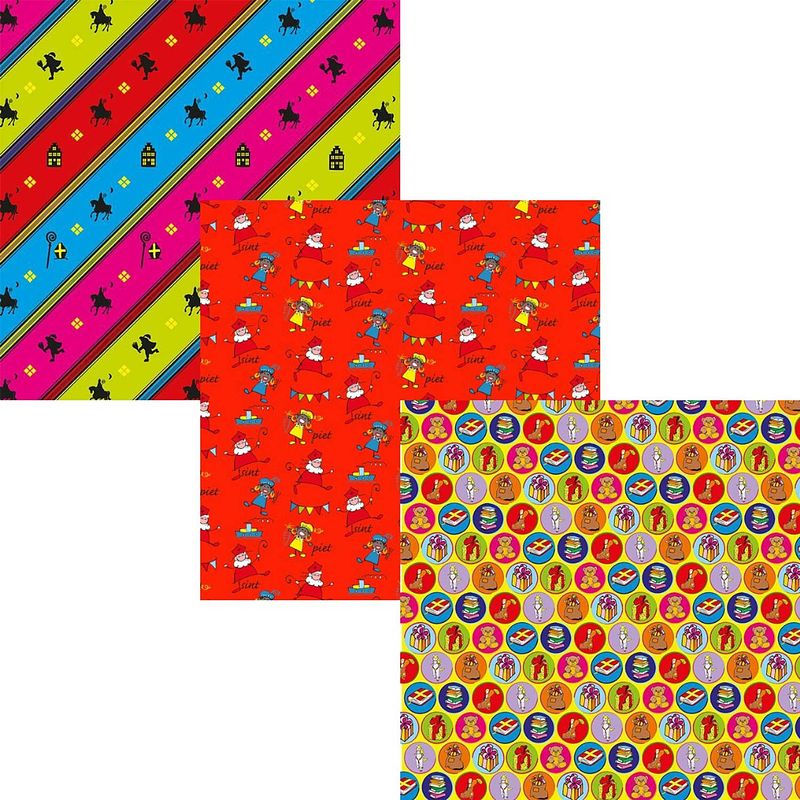 Foto van Assortiment 3 sinterklaaspapier cadeaupapier inpakpapier - 200 x 70 cm - 6 rollen