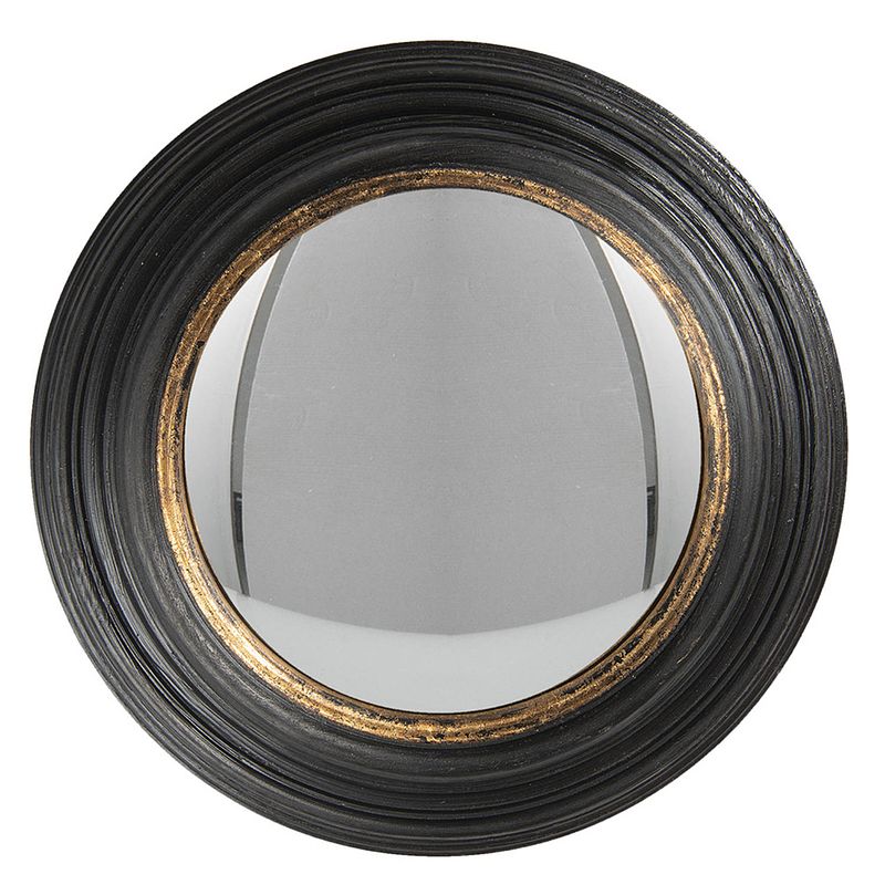 Foto van Haes deco - bolle ronde spiegel - zwart - ø 38x4 cm - polyurethaan ( pu) - wandspiegel, spiegel rond, convex glas